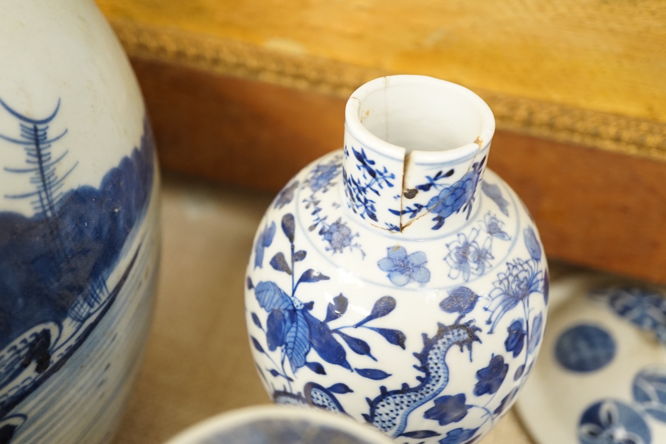 A large collection of Chinese blue and white export plates, a blanc de chine figure, two vases, a jar and five Japanese planters, jar 24cm high (a.f.)